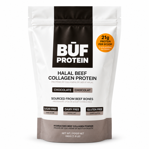 BUF Protein chocolate halal beef collagen pouch on a white background