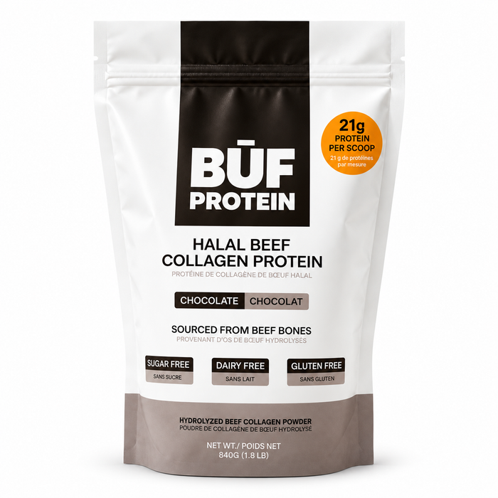BUF Protein chocolate halal beef collagen pouch on a white background