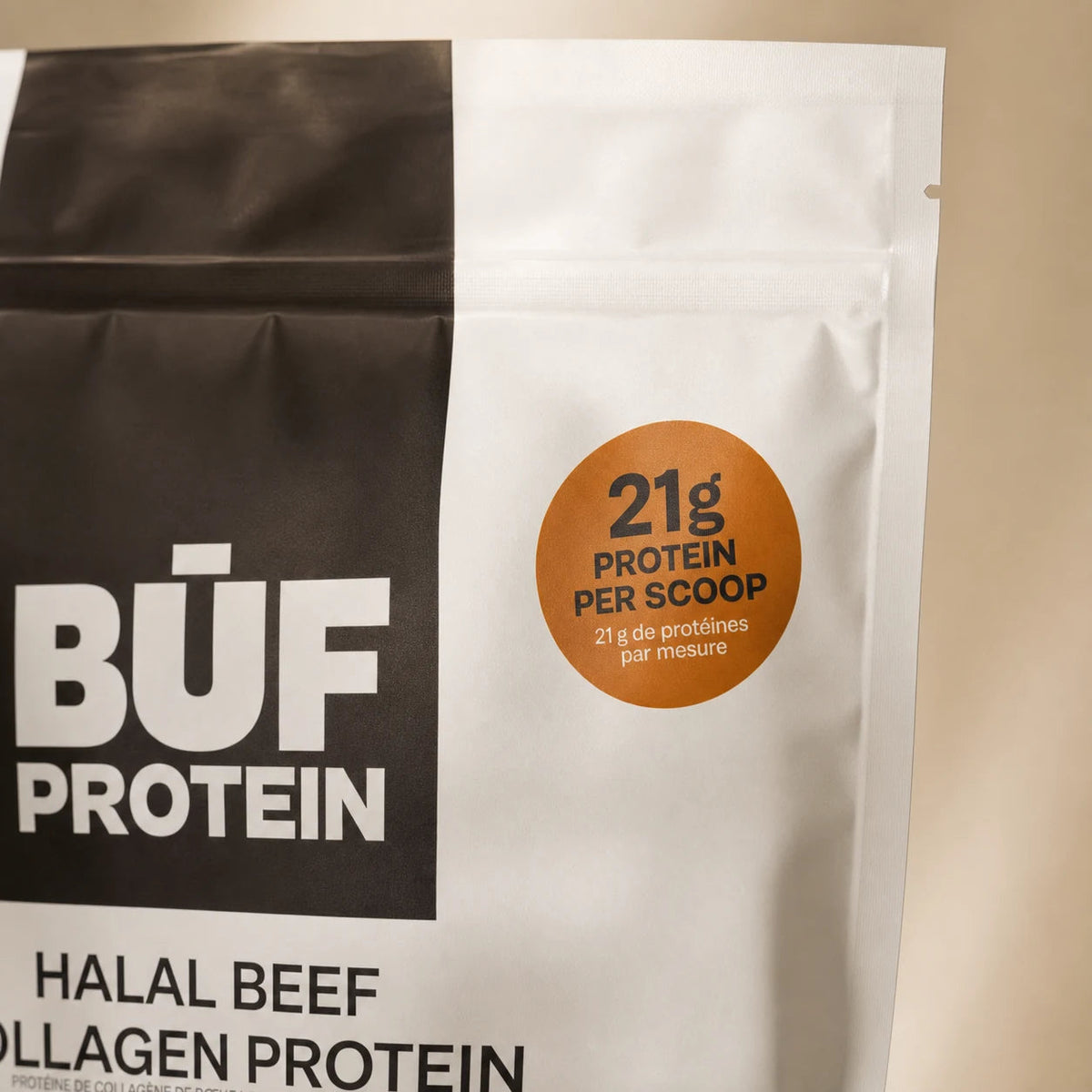Close-up of the BUF Protein pouch showing the 21g protein per scoop badge