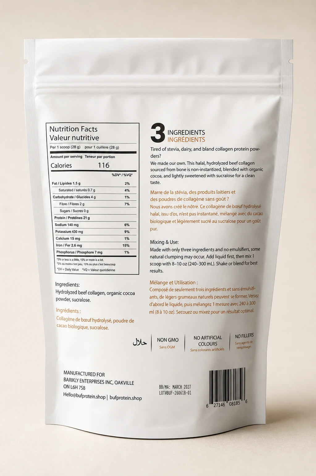 Back of BUF Protein pouch showing nutrition facts and ingredients