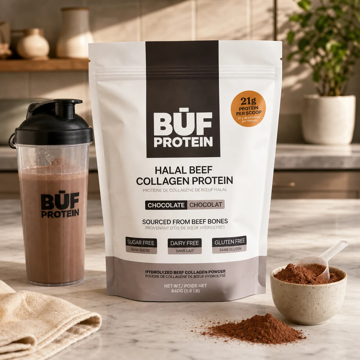 BUF Protein pouch with chocolate shake and cocoa powder