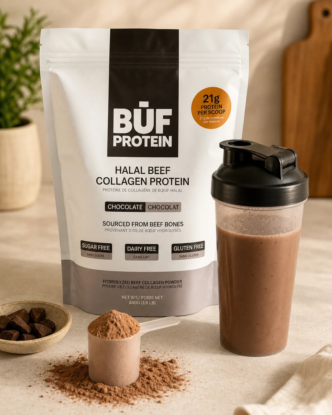 BUF Protein pouch beside a chocolate shake and scoop of powder